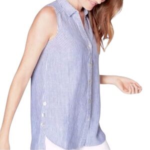J. Jill Love Linen Striped 100% Linen Blue and White Button Down Sleeveless Top